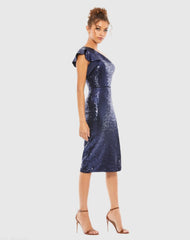 Navy Sequined Flutter One Shoulder Fitted Midi Dress