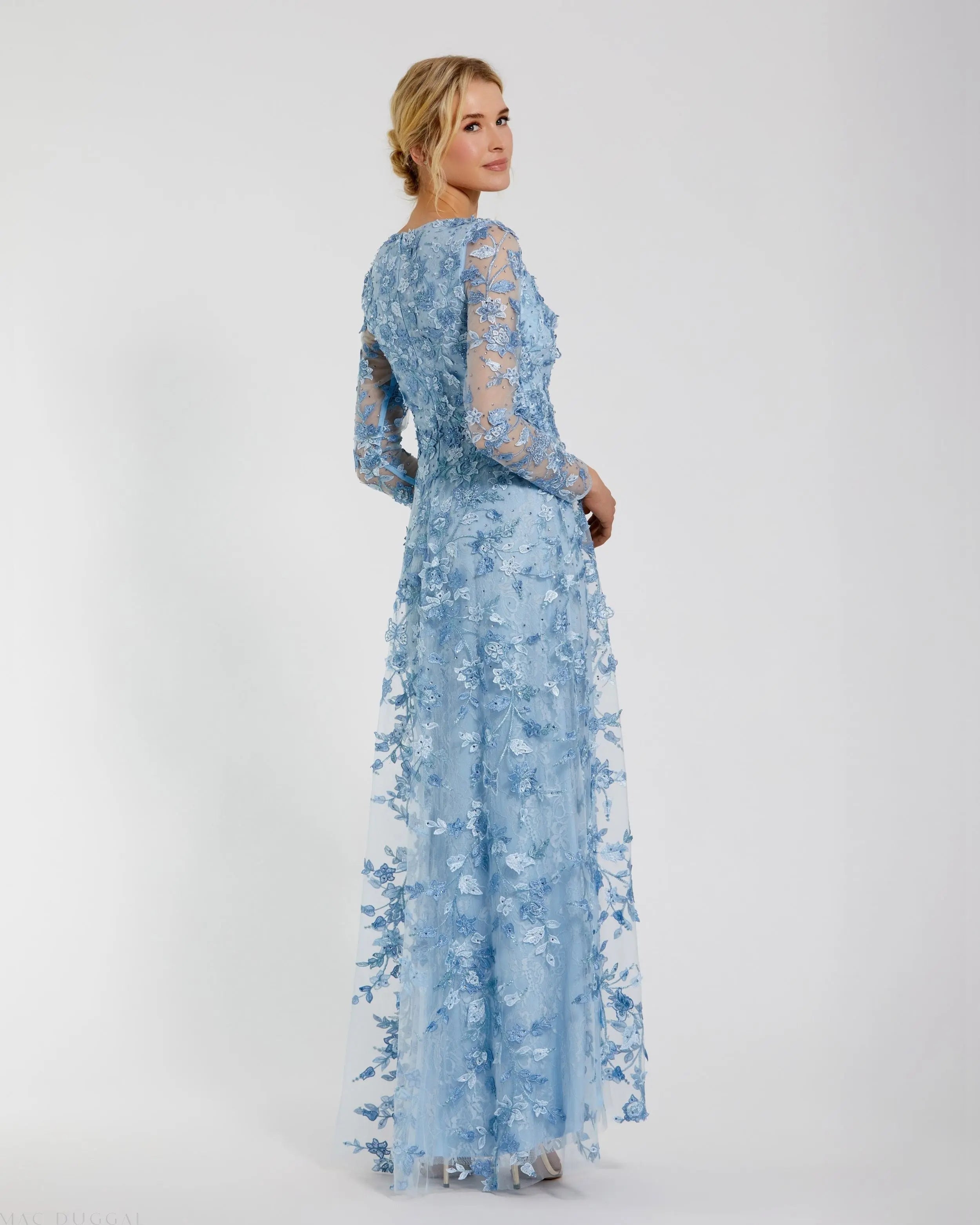 Blue Floral Applique Long Sleeve Illusion Gown