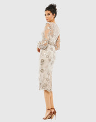 Beige Embellished High Neck Illusion Long Sleeve Midi Dress