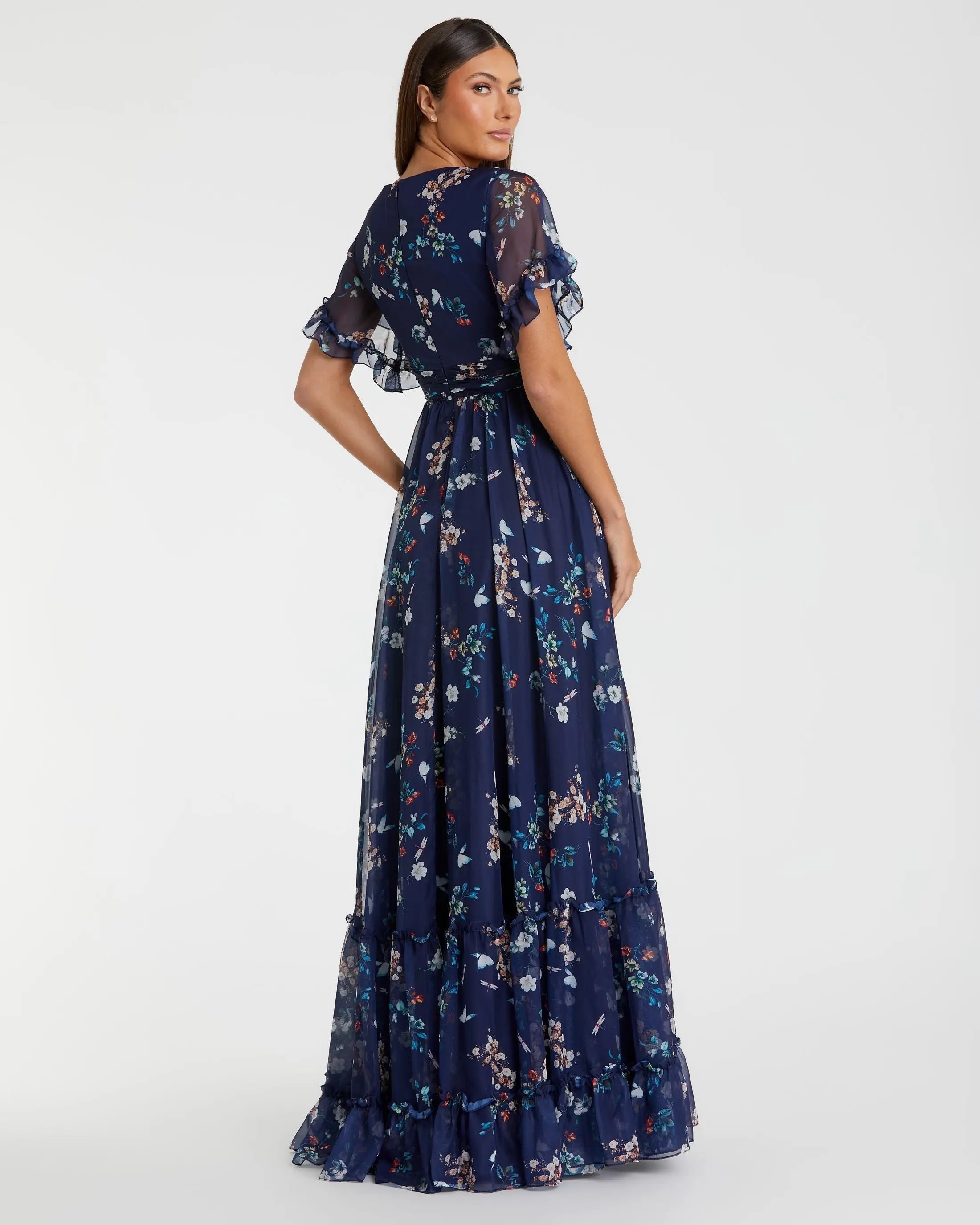 Navy Multicolor Flounce Sleeve Floral Maxi Dress