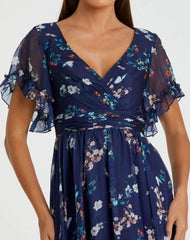 Navy Multicolor Flounce Sleeve Floral Maxi Dress