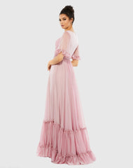 Pink Butterfly Ruffle Trimmed Sleeve Wrap Over Flowy Gown