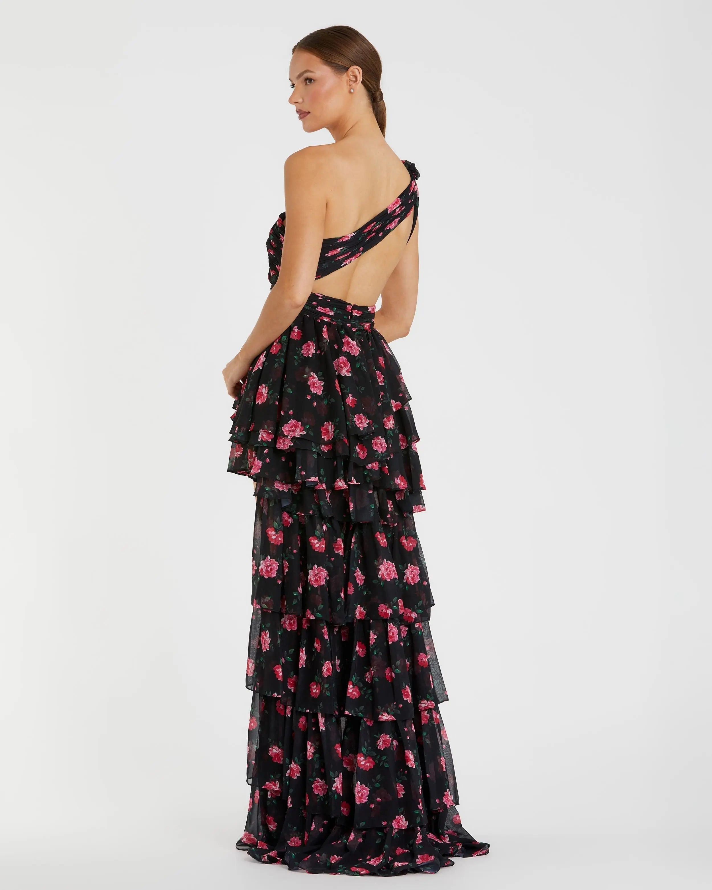 Black One Shoulder Ruffled Rose Print Layered High-Low Dress - FINAL SALE