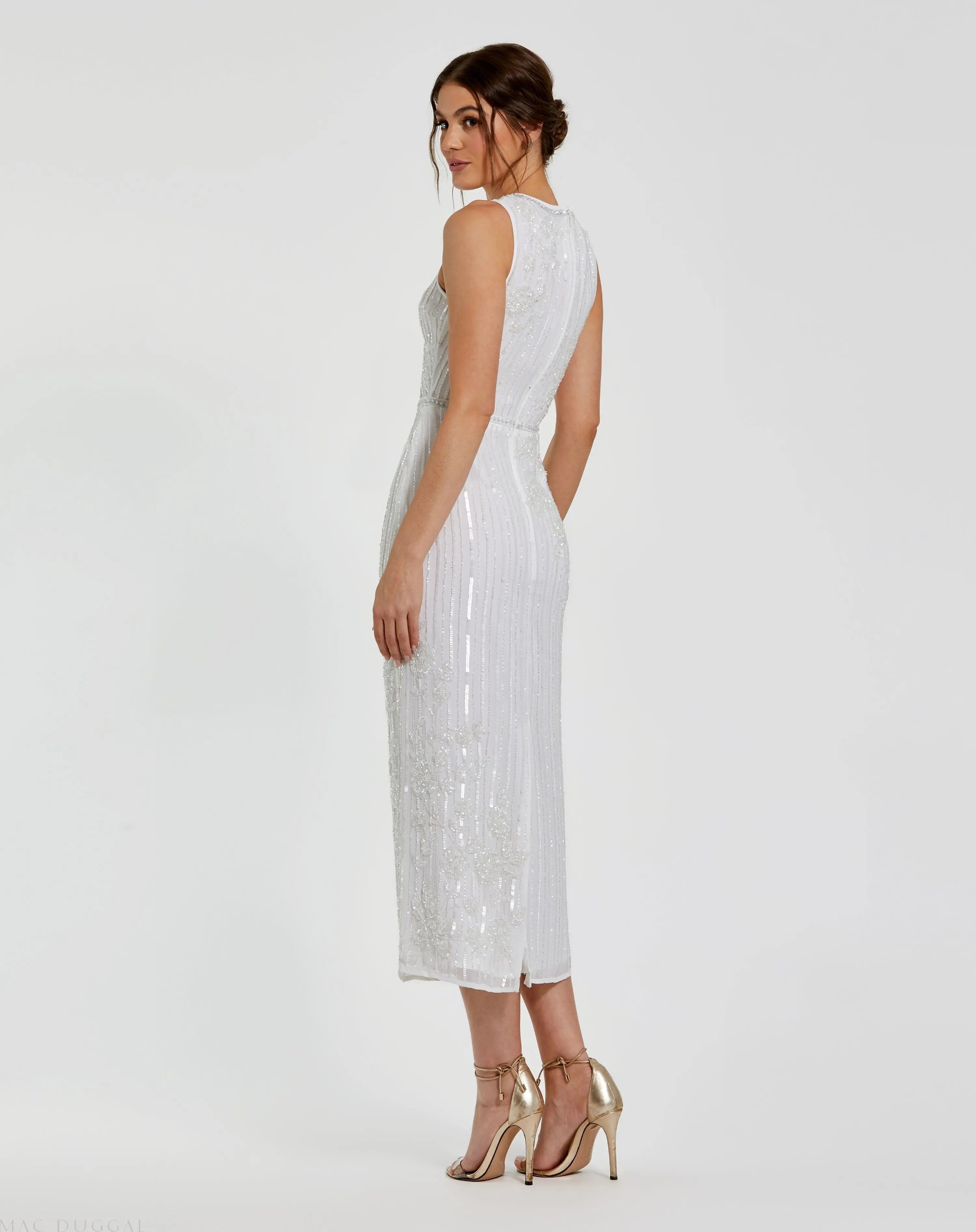 White Striped Floral Embellished Sleeveless Midi Dress