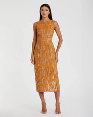 Orange Abstract Beaded Sleeveless Midi Sheath Dress