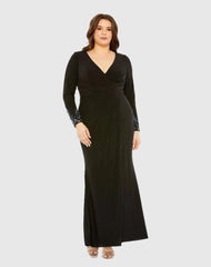 Long Crystal Detail Sleeve V Neck Gown