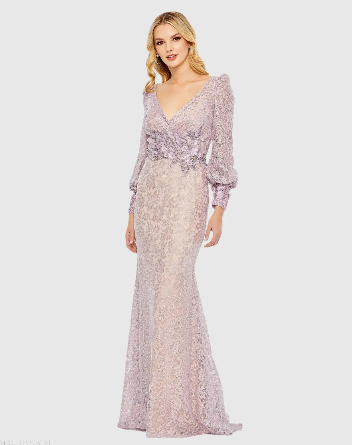 Purple Lace Long Sleeve V Neck Embellished Gown - Final Sale