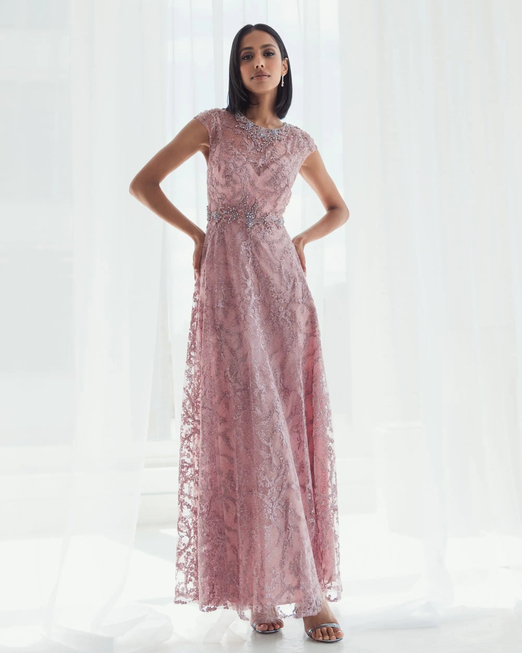Pink Embroidered Cap Sleeve A Line Gown