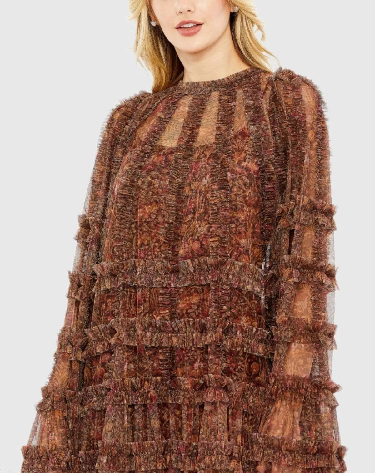 Brown Floral Print Long Flare Sleeve Mesh A-Line Dress