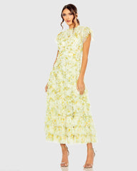 High Neck Ruffle Cap Sleeve Floral Dress