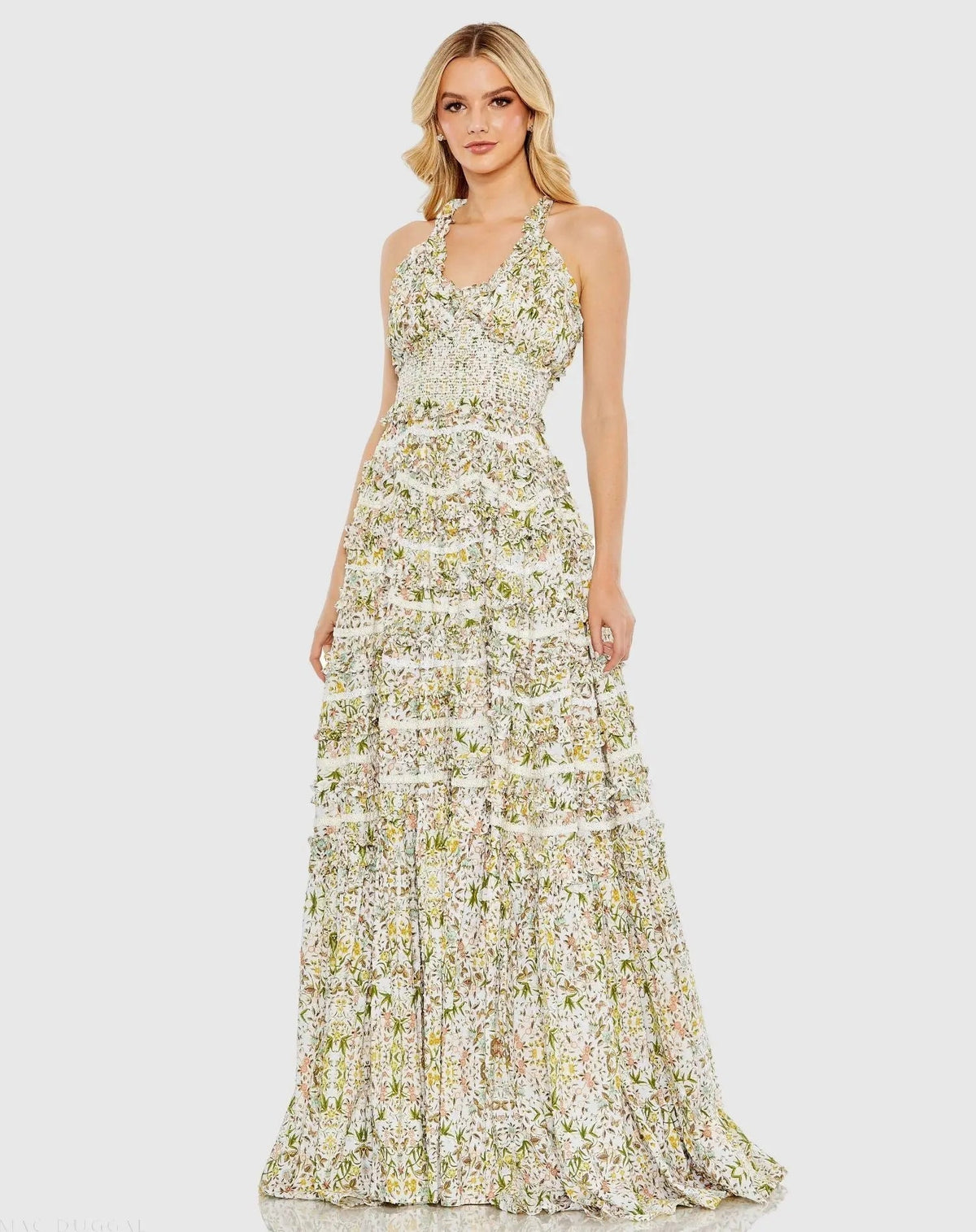 Multicolor Floral Cross Back Ruffle Tiered Smock Gown