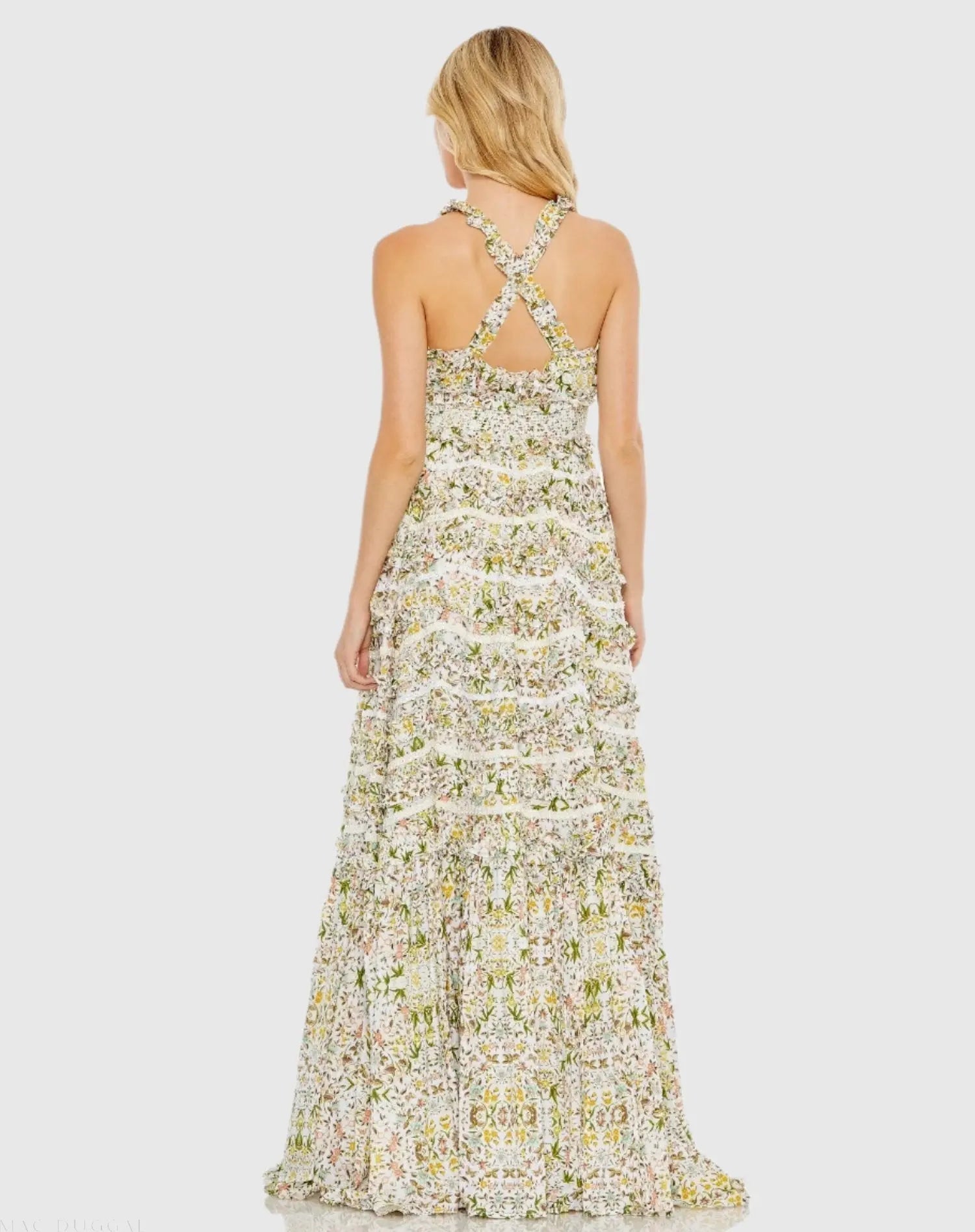 Multicolor Floral Cross Back Ruffle Tiered Smock Gown