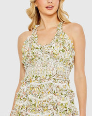 Multicolor Floral Cross Back Ruffle Tiered Smock Gown