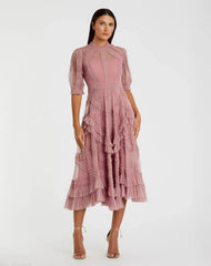 High Neck Micro Ruffle Tiered Midi Dress