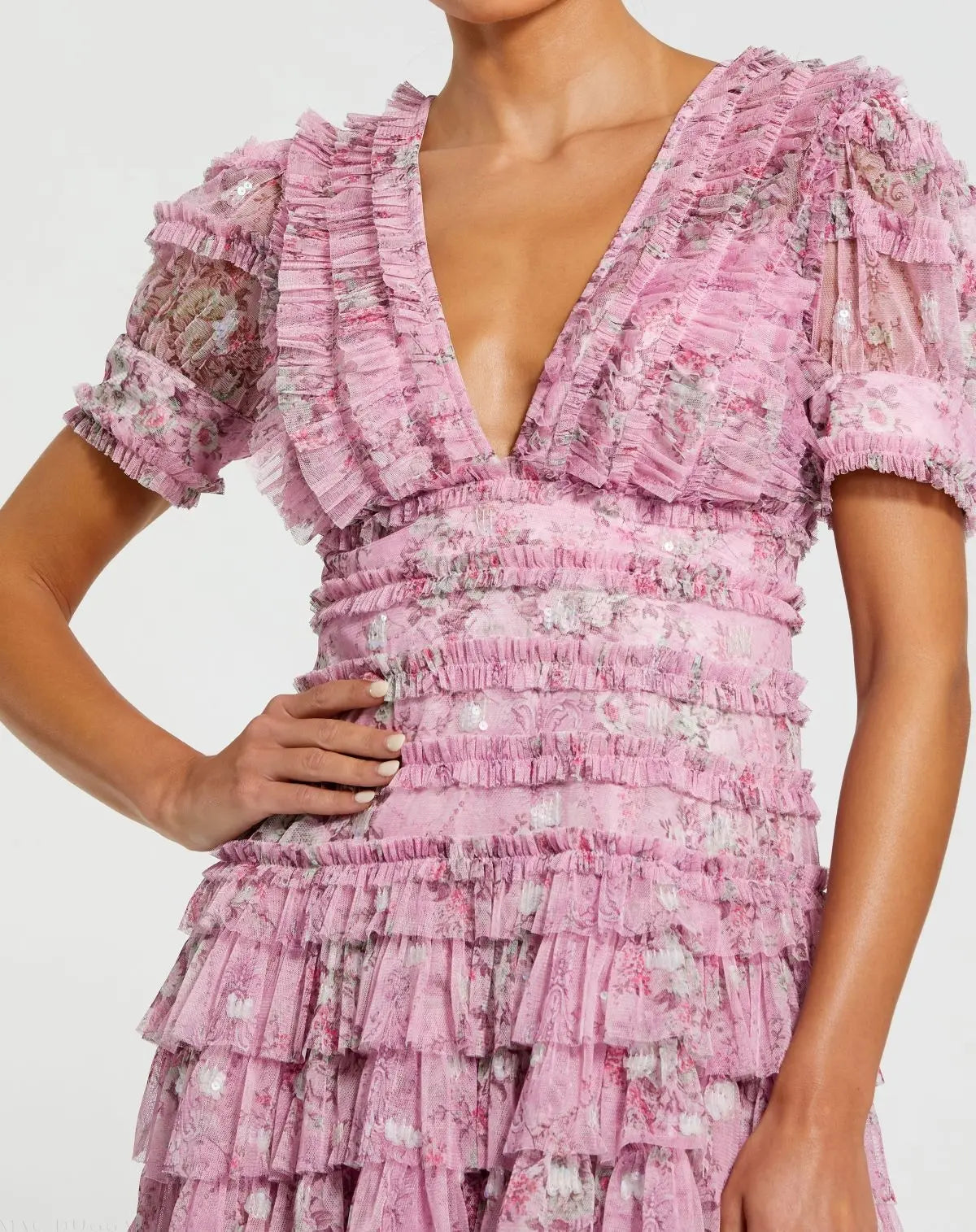 Purple Deep V Lace Back Puff Sleeve Mini Dress