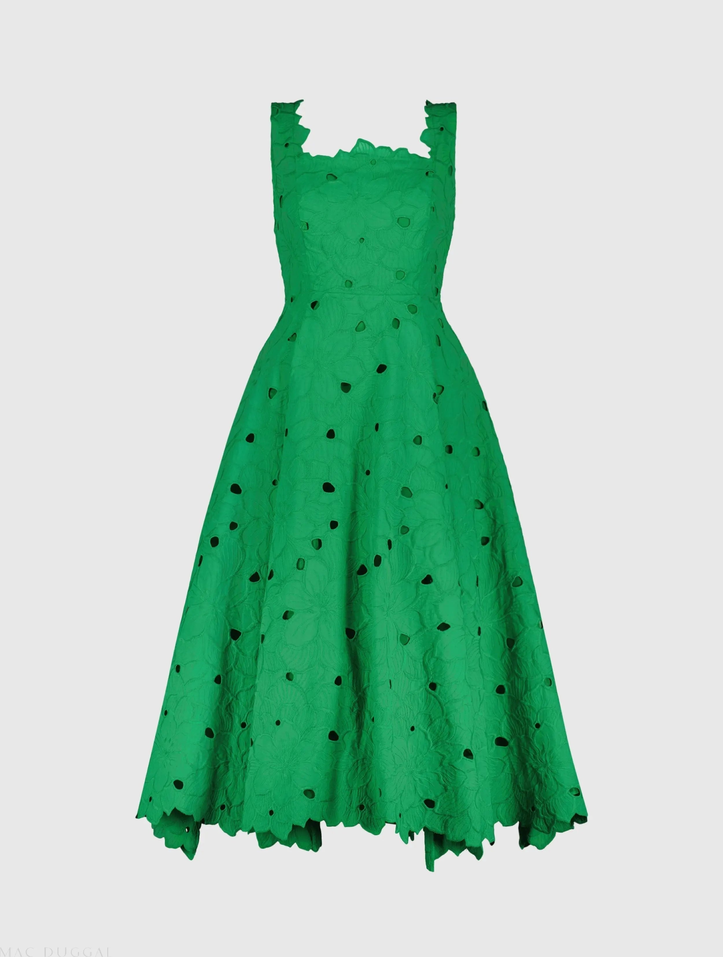 Green Embroidered Floral A Line Midi Dress