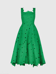 Green Embroidered Floral A Line Midi Dress