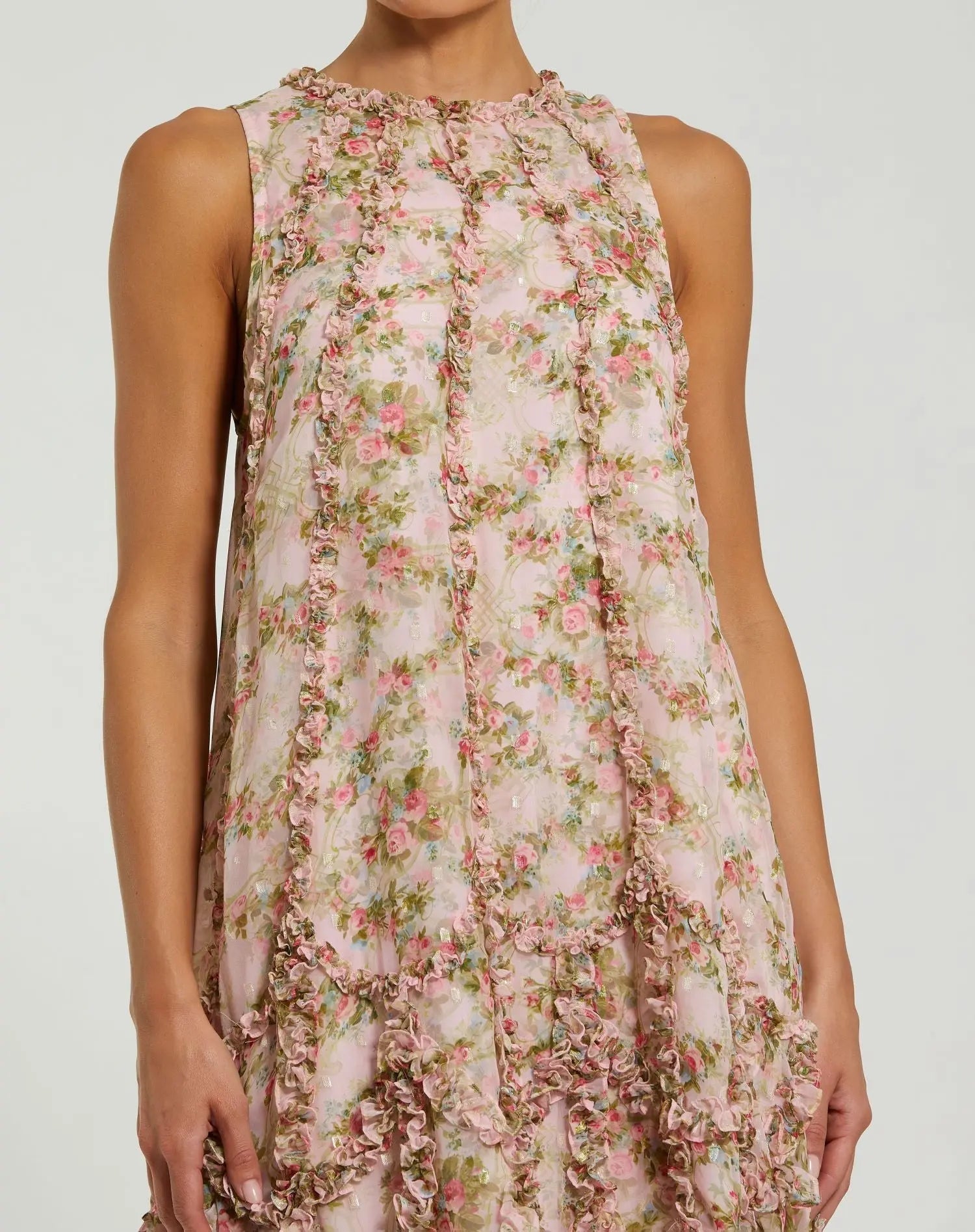Pink Sleeveless Floral Chiffon Micro Ruffle Midi Dress