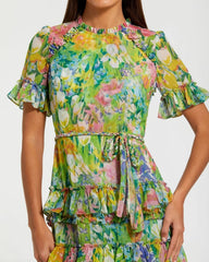 Green Ruffle Tiered Chiffon Floral Dress