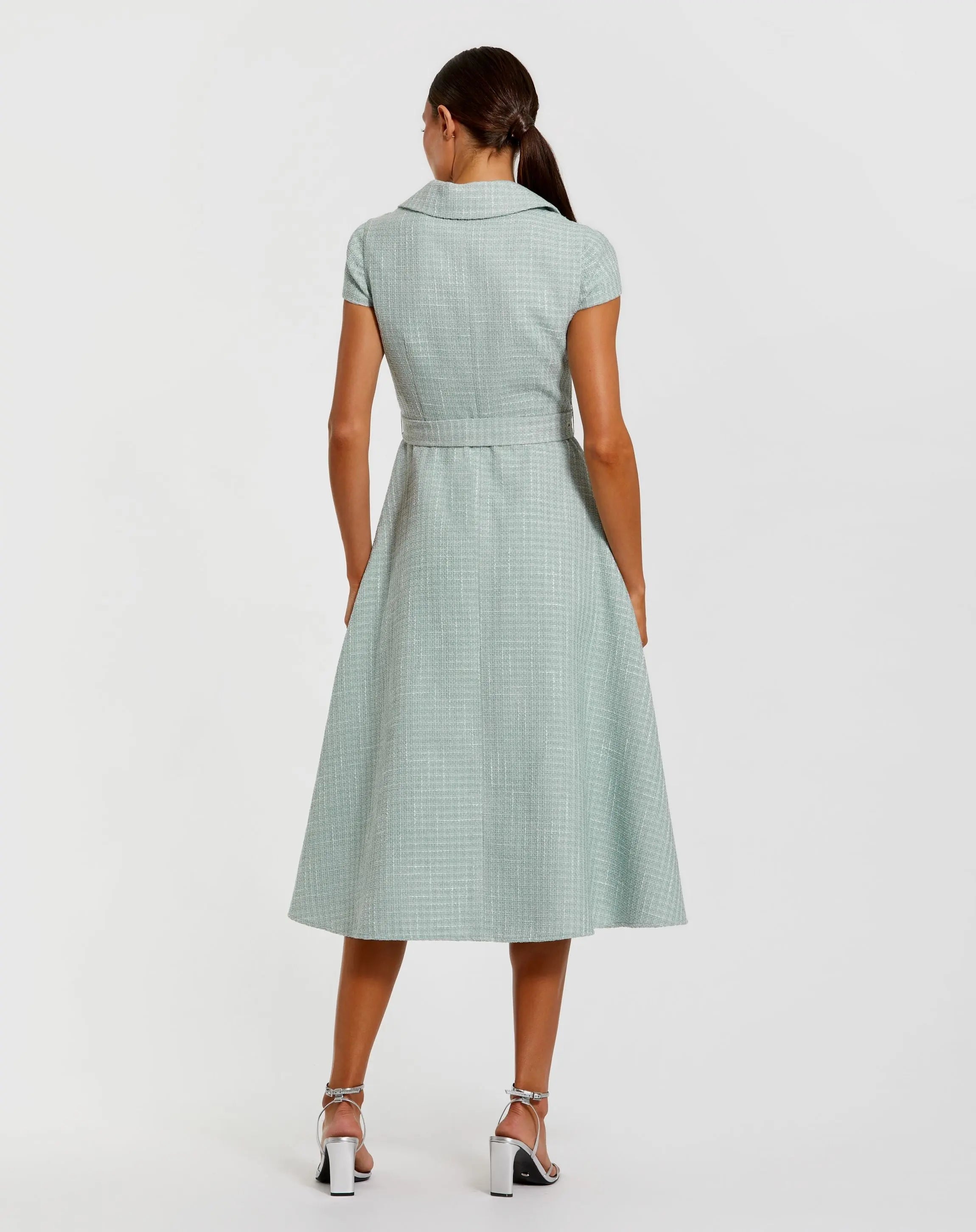 Light Blue Boucle Cap Sleeve Button Up Midi Dress