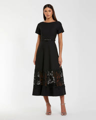 Black Crepe Boat Neck Midi Dress With Belt