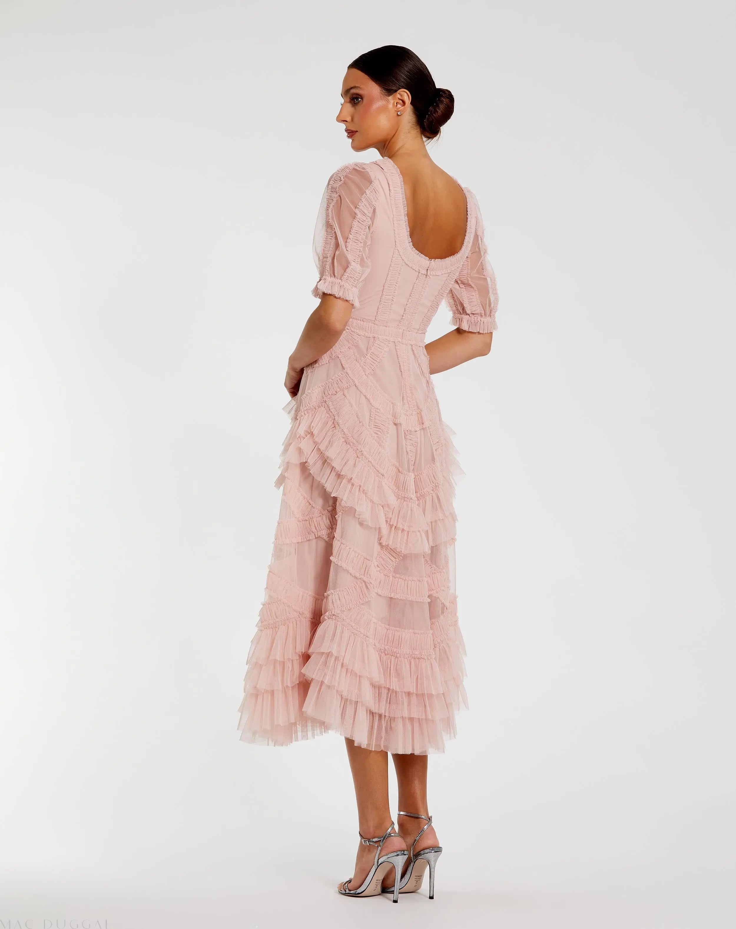 Pink Short Sleeve Mesh Micro Ruffle Midi Dress