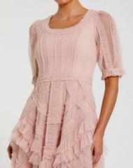 Pink Short Sleeve Mesh Micro Ruffle Midi Dress