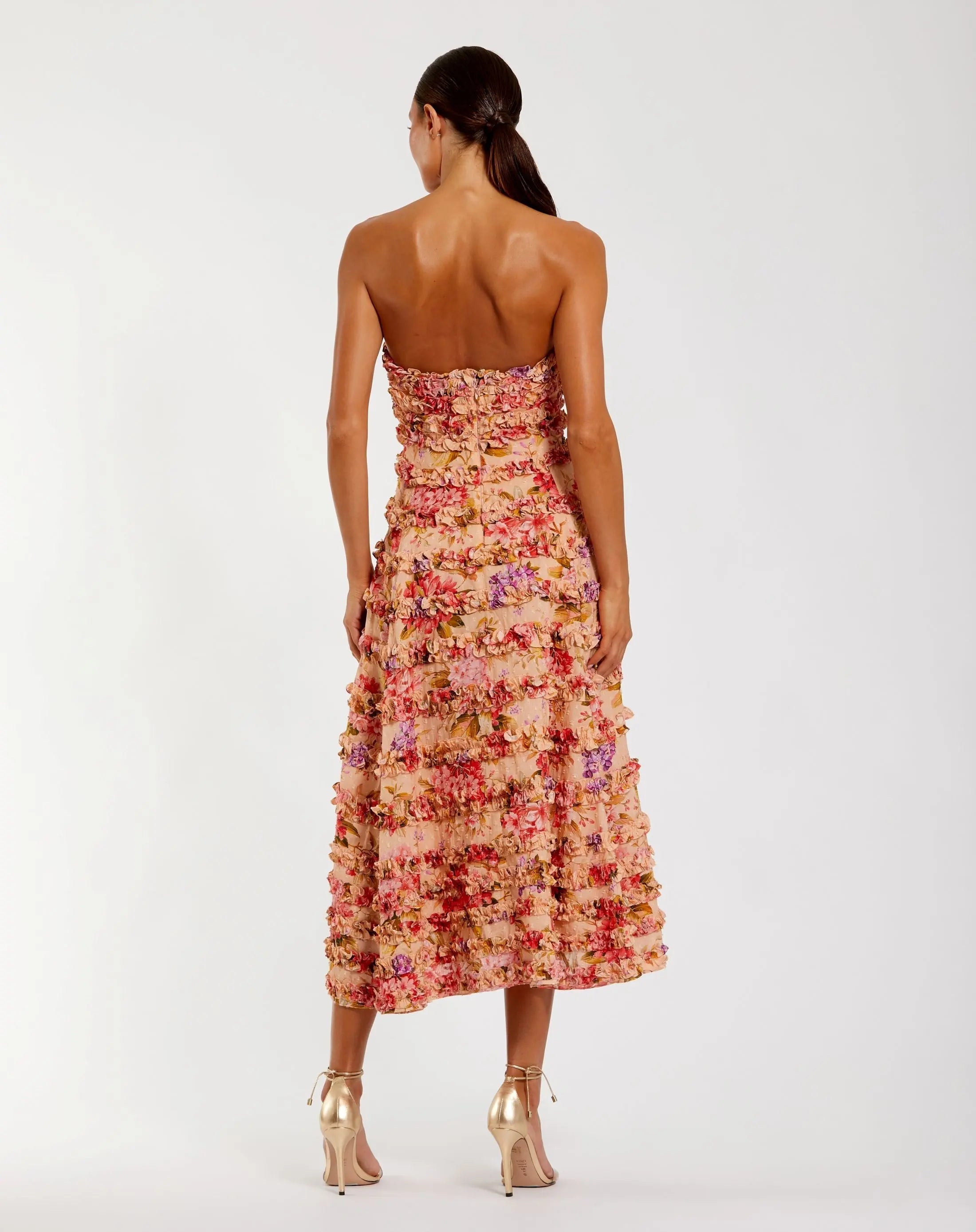 Pink Floral Strapless Ruffle Midi Dress