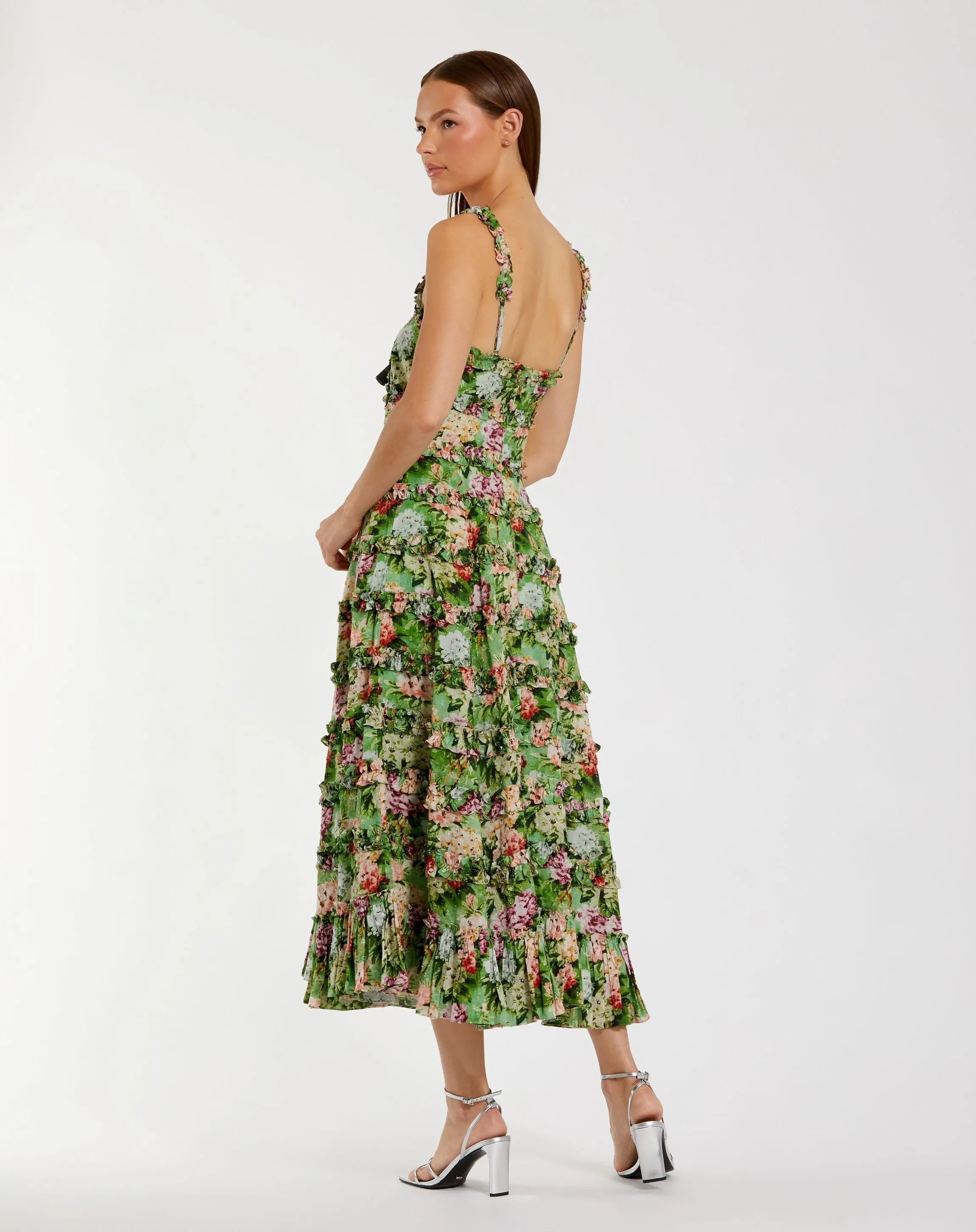 Green Ruffle Floral Square Neck Midi Dress