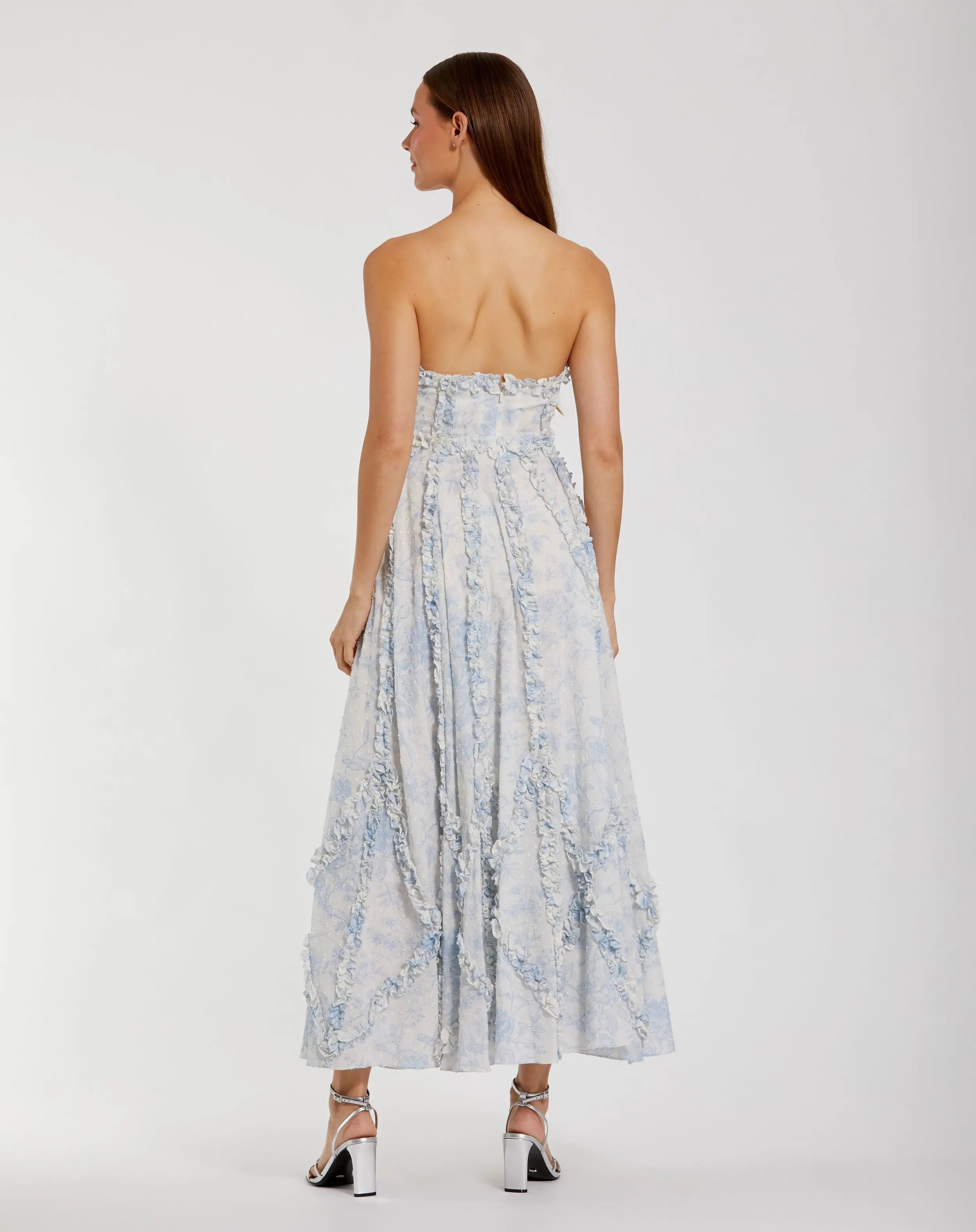 Blue and White Strapless Ruffle Floral Cotton Midi Dress