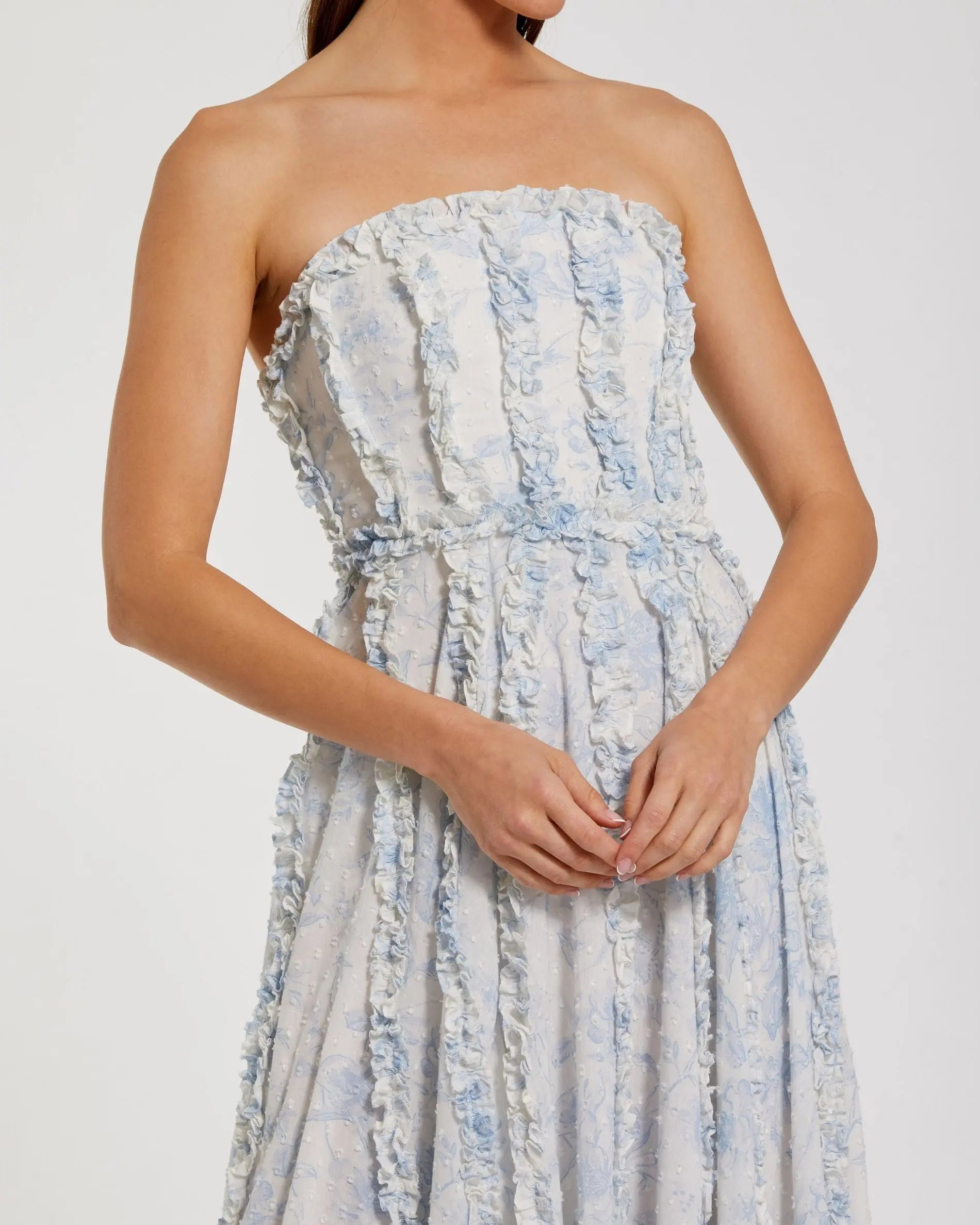 Blue and White Strapless Ruffle Floral Cotton Midi Dress