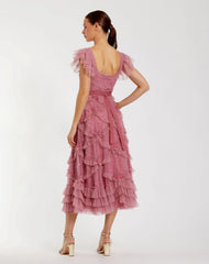 Pink Dot Net Sequin Ruffle Midi Dress