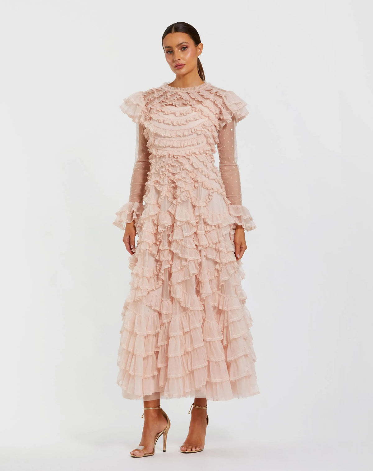 Pink Tiered Ruffle Trim Long Sleeve Midi Dress