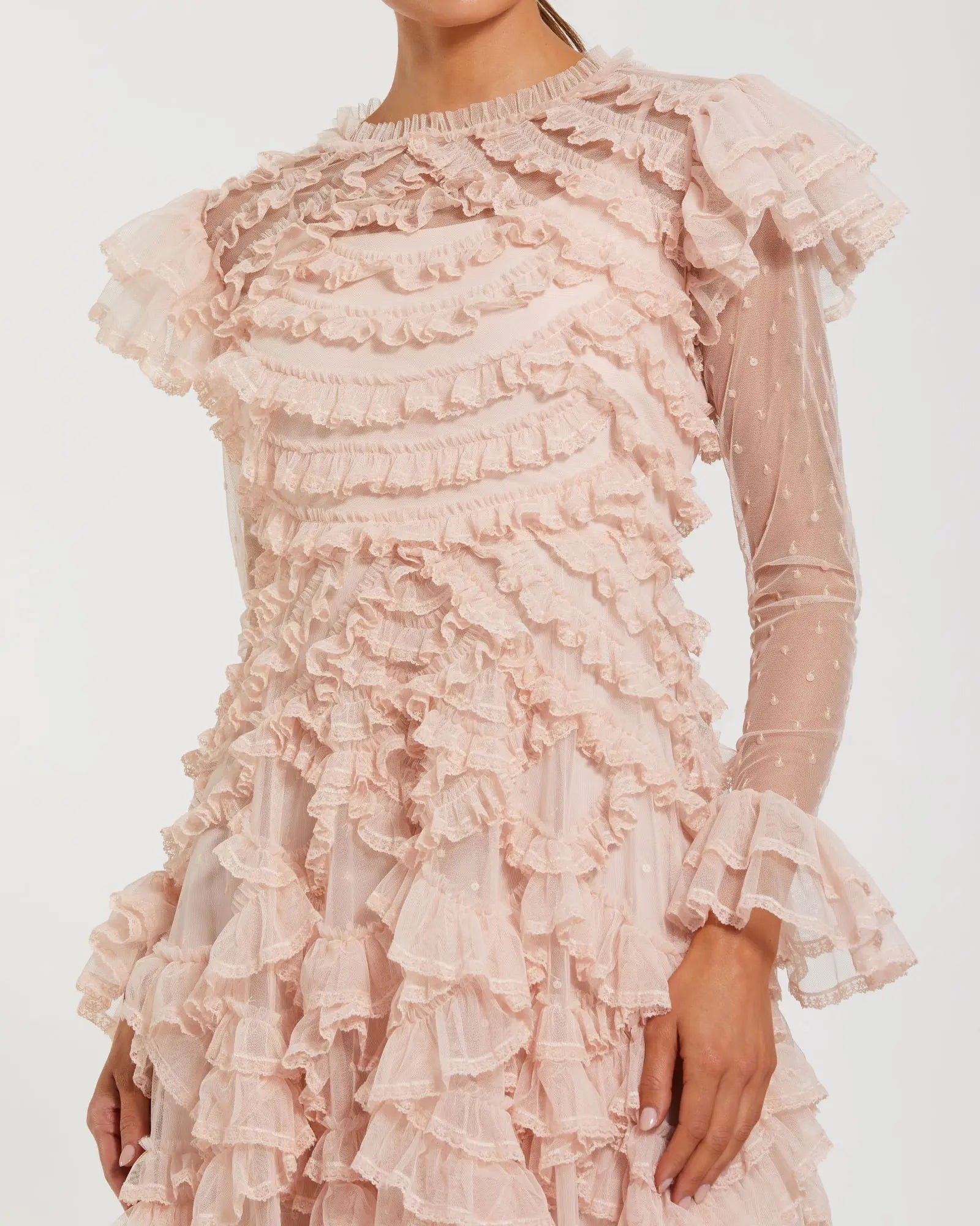 Pink Tiered Ruffle Trim Long Sleeve Midi Dress
