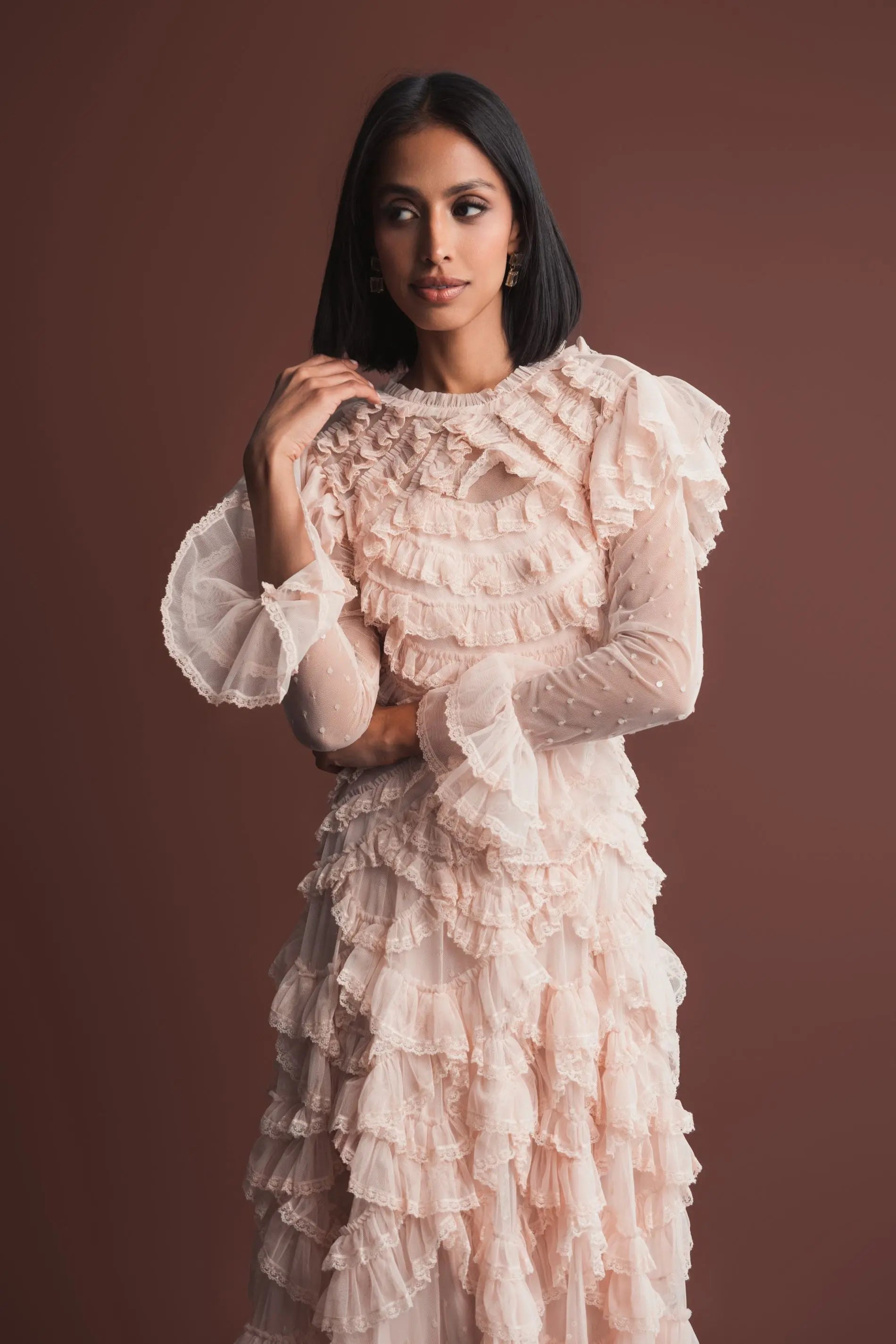 Pink Tiered Ruffle Trim Long Sleeve Midi Dress