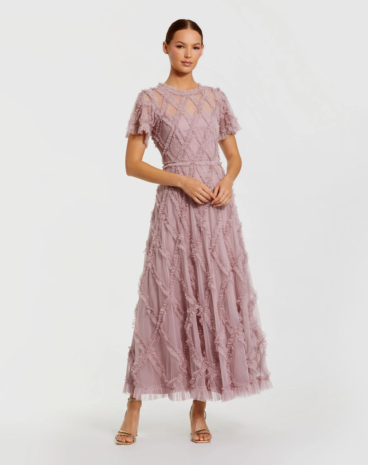 Pink Short Sleeve High Neck Ruffle Dress