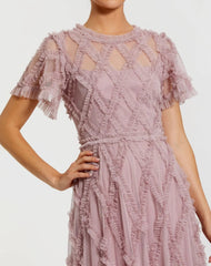 Pink Short Sleeve High Neck Ruffle Dress