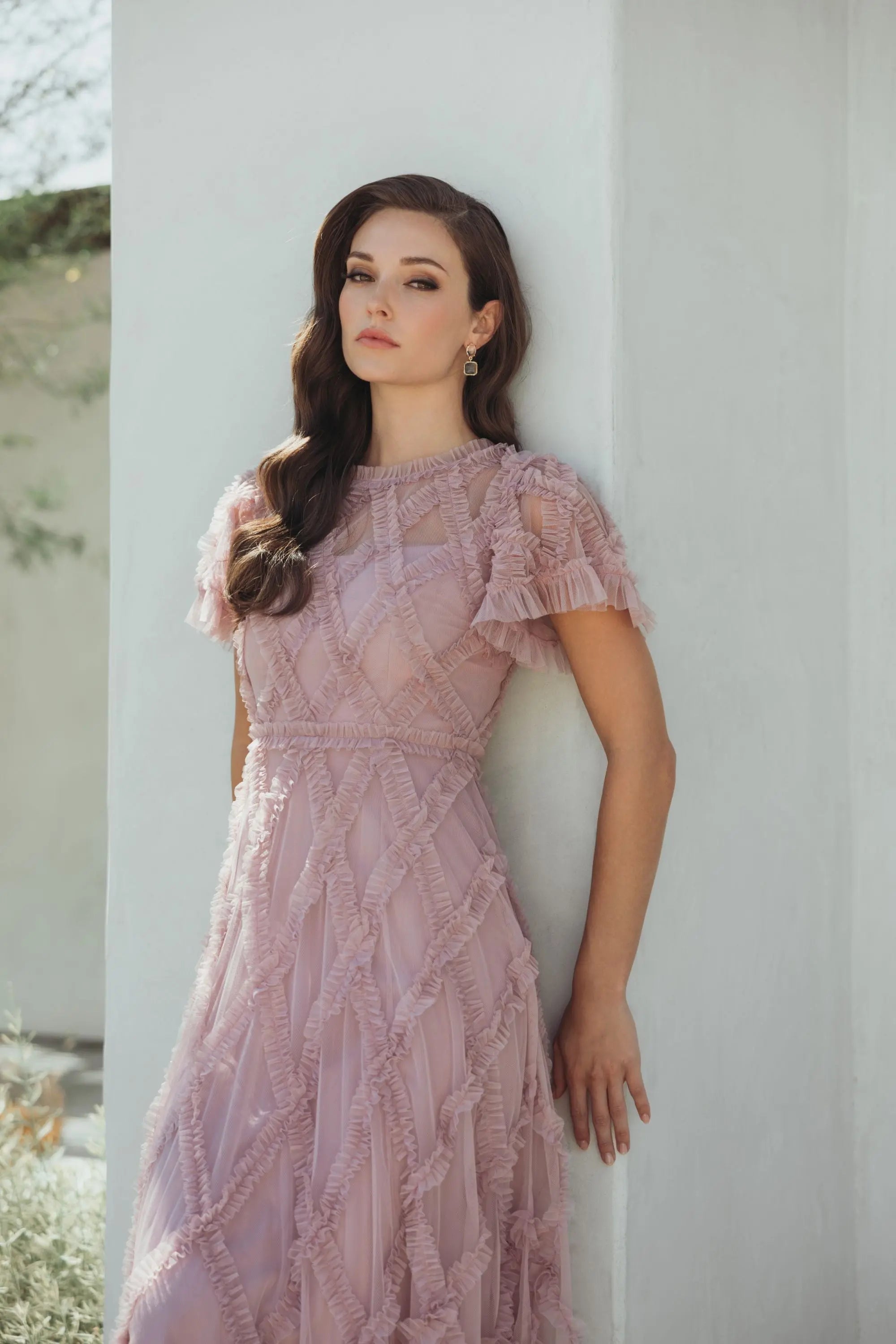 Pink Short Sleeve High Neck Ruffle Dress