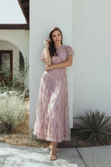 Pink Short Sleeve High Neck Ruffle Dress