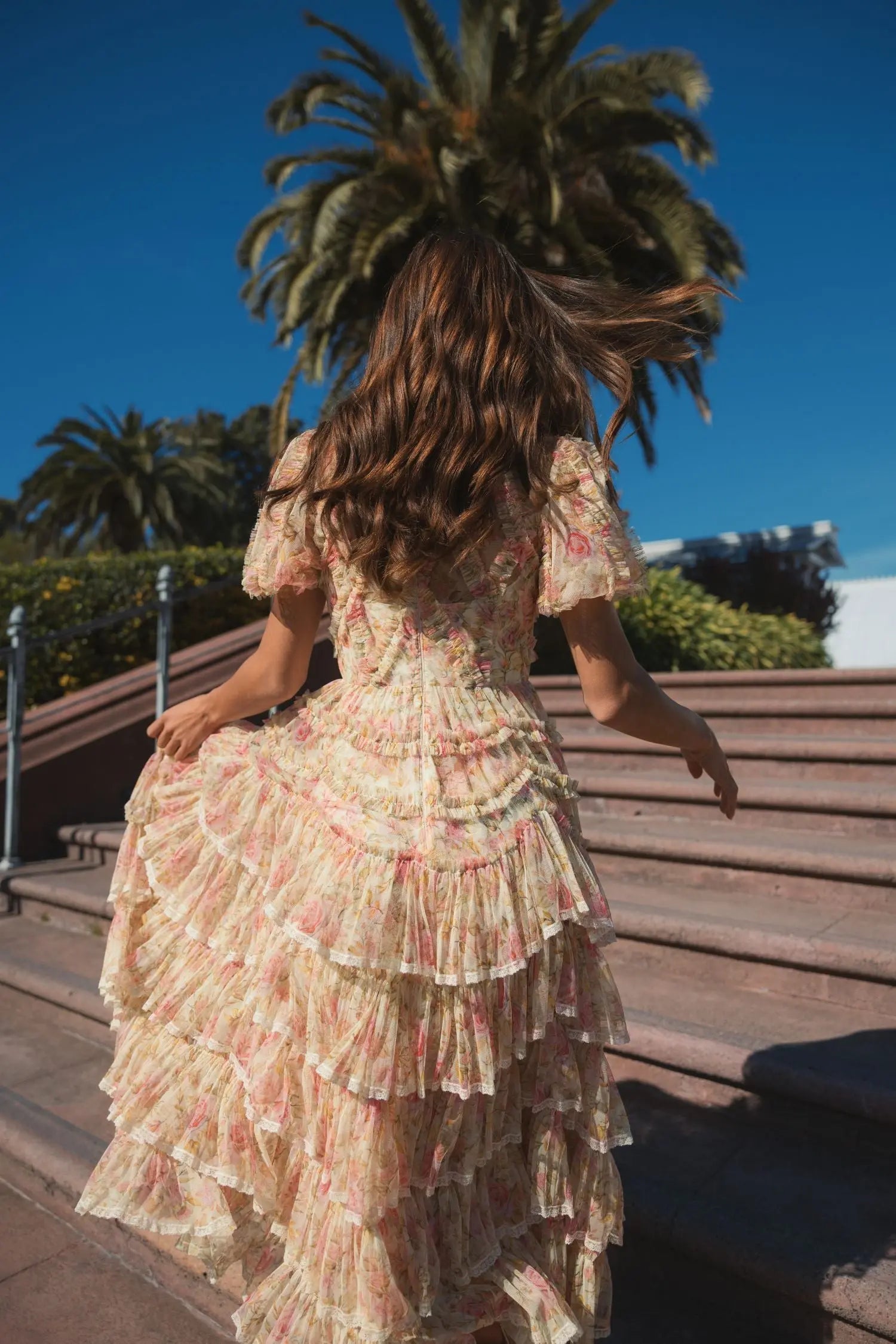 Beige Floral High Neck Midi Dress with Lace Trim