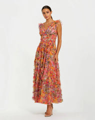 Multicolor Floral V-neck Ruffle Maxi Dress
