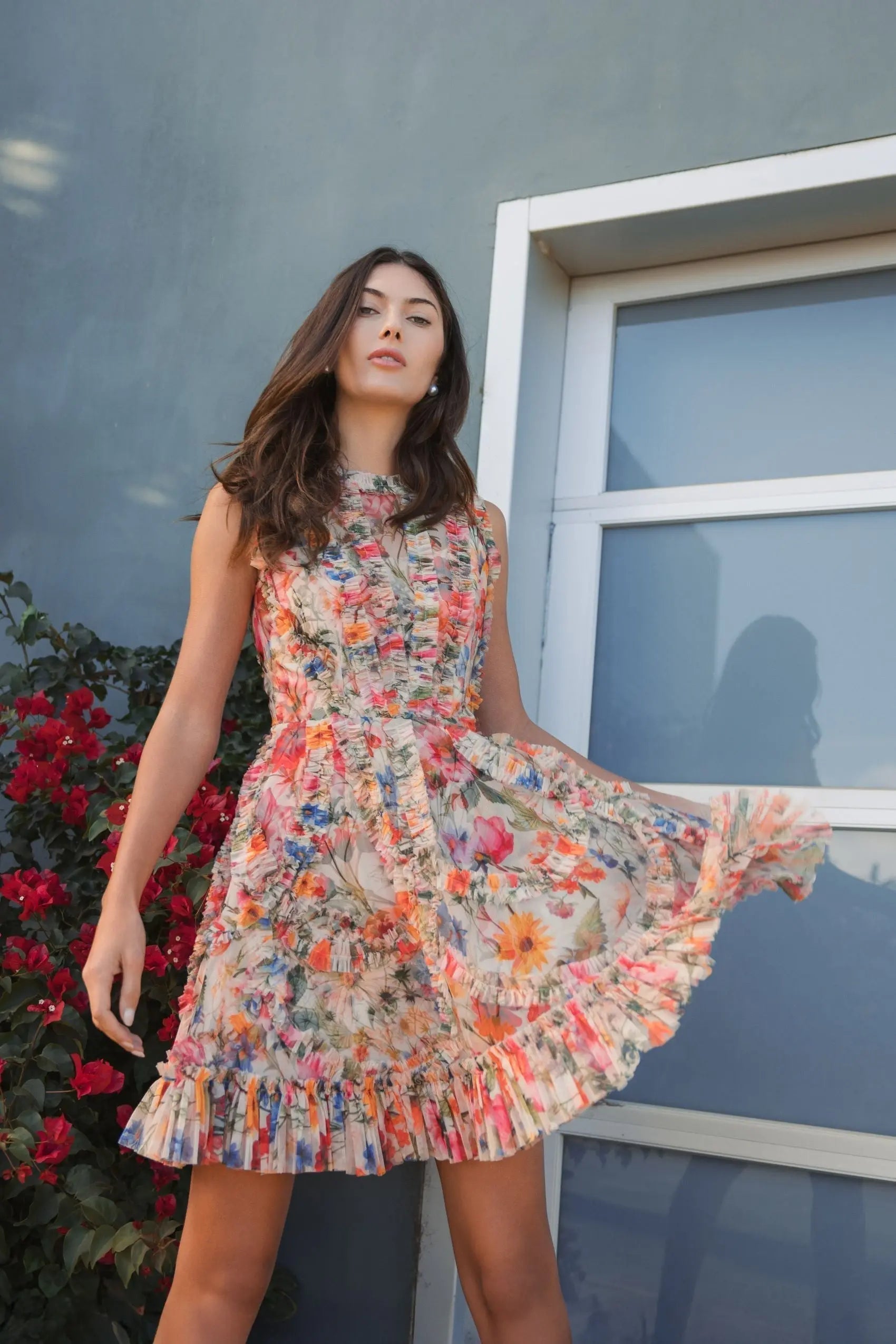 Multicolor Micro Ruffle High Neck A-Line Mini Dress