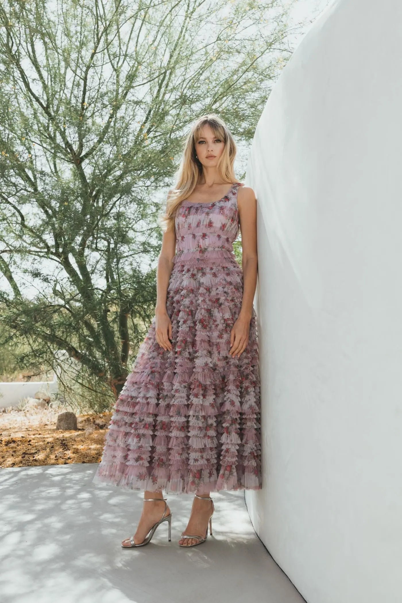 Purple Sleeveless Floral Midi Dress with Tiered Ruffles