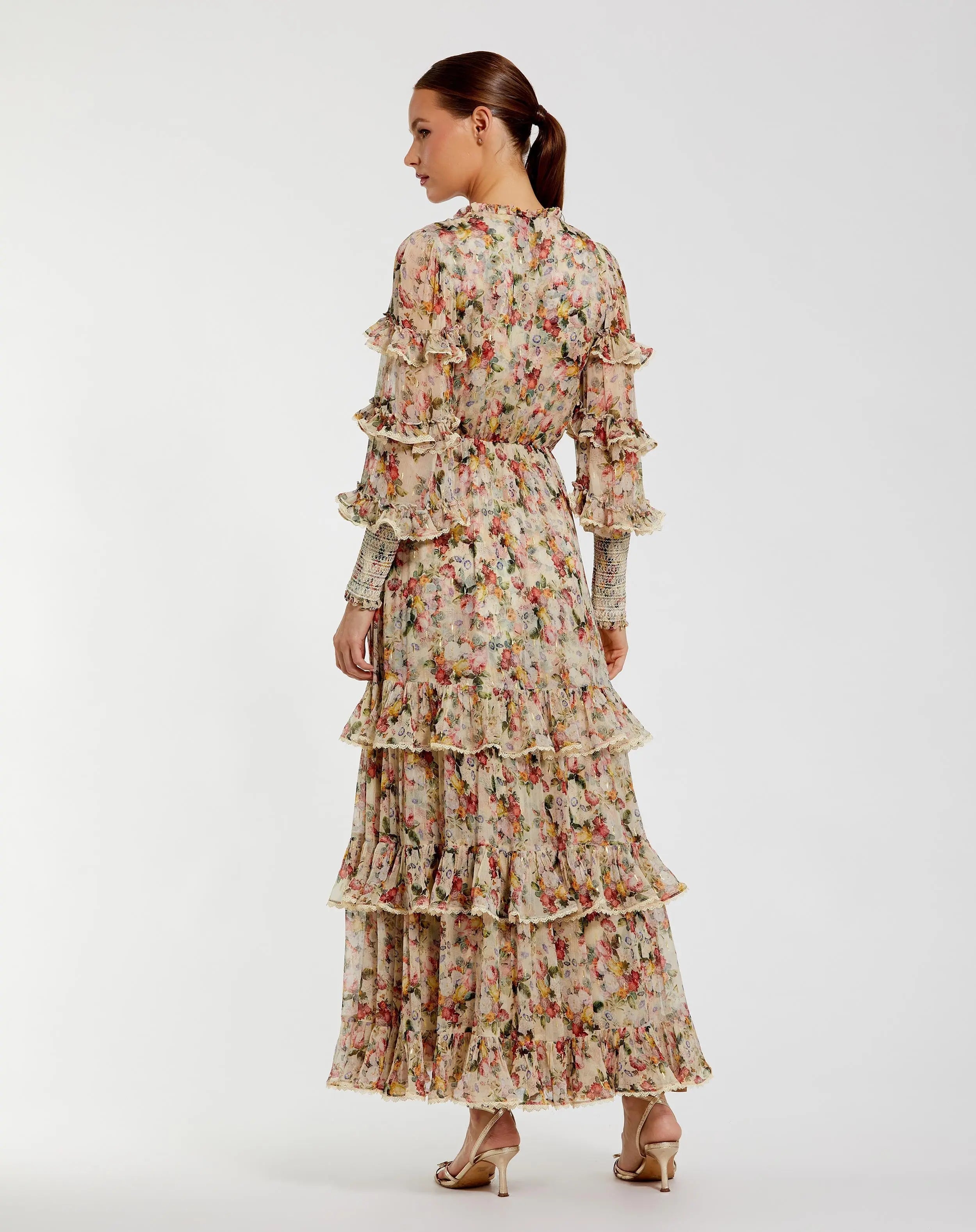 Beige Floral Tiered Ruffle Midi Dress with Long Sleeves