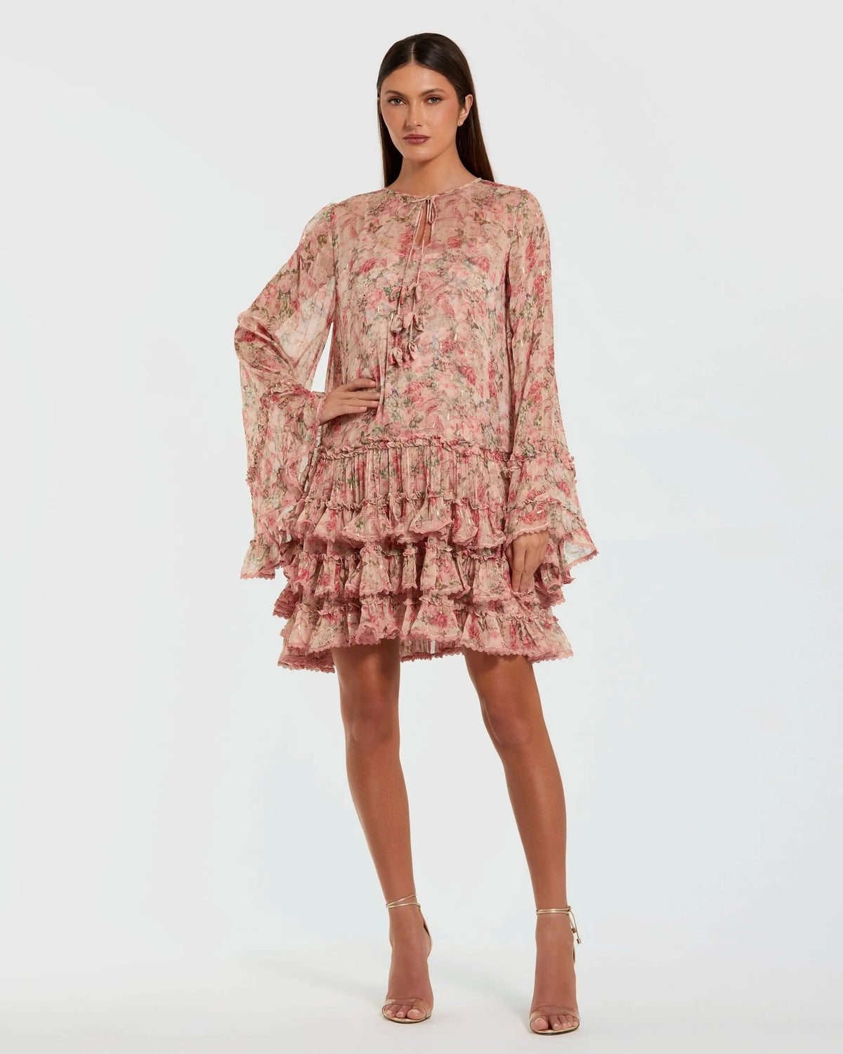 Pink Floral Long Sleeve Ruffle Mini Dress