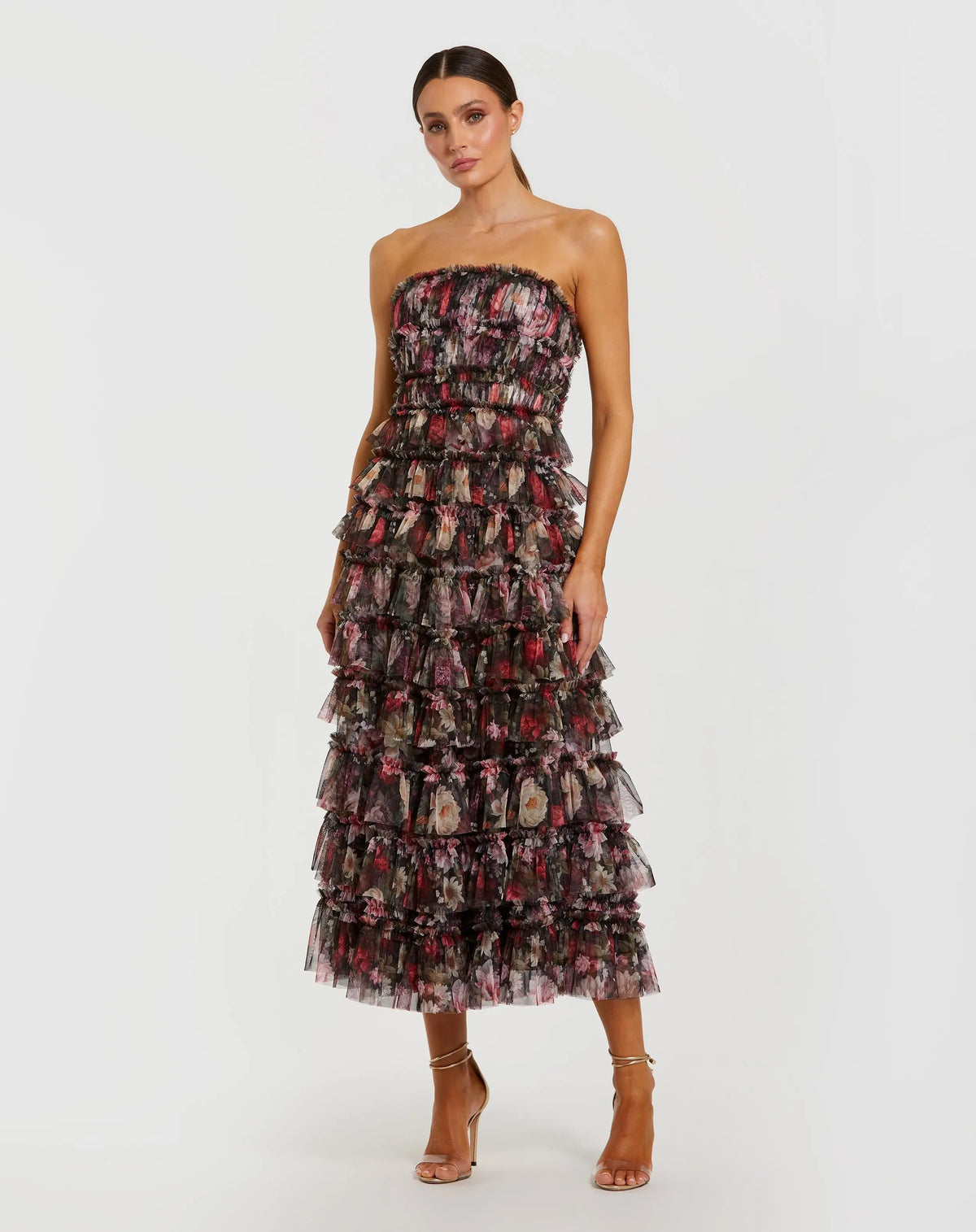 Black Multicolor Strapless Micro Ruffle A Line Midi Dress