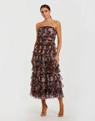 Black Multicolor Strapless Micro Ruffle A Line Midi Dress