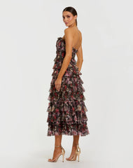Black Multicolor Strapless Micro Ruffle A Line Midi Dress