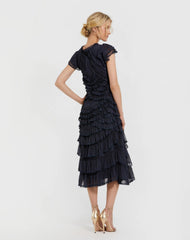 Navy High Neck Cap Sleeve Micro Ruffle Midi Dress