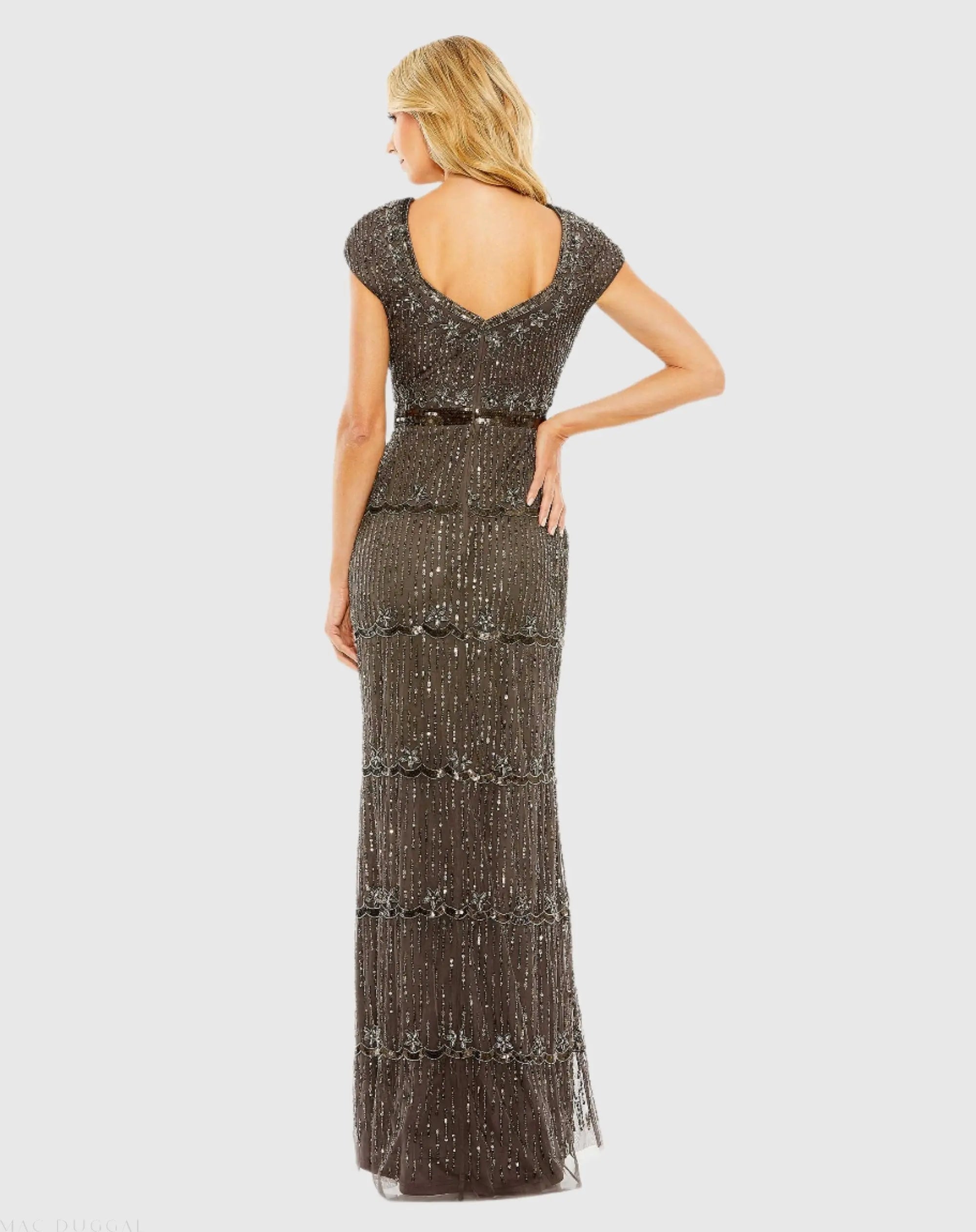Brown Sequin Cap Sleeve Sweetheart Column Gown
